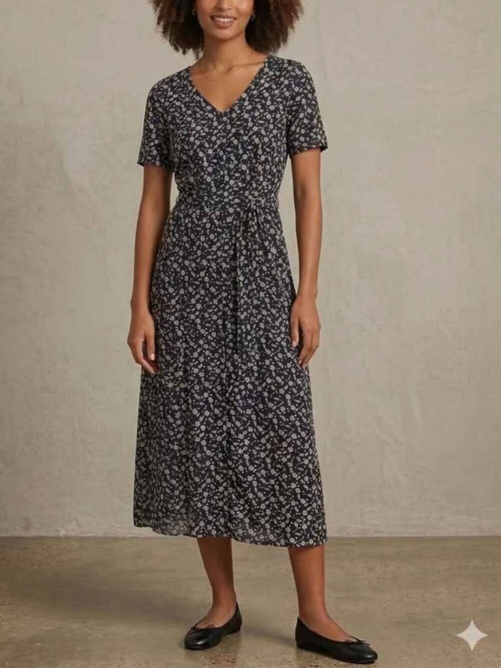 Cyrillus Paris Navy Ditsy Floral Midi Dress Tie-Waist Parisian Chic FR 36 / US 4